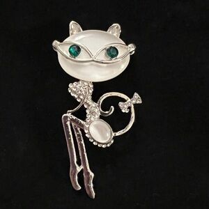 Silver Bling Opal & Rhinestone Cat Brooch with Glasses White Alloy Pin